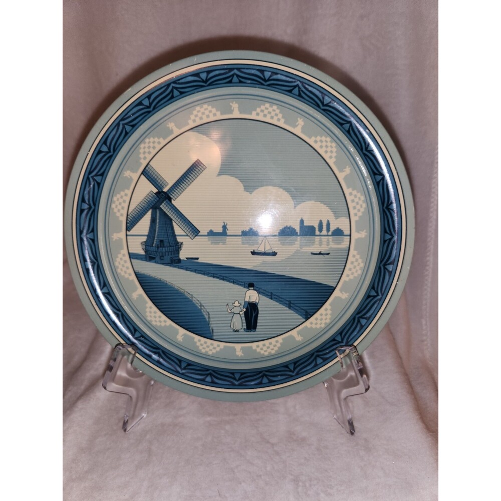 Metal Dutch Scene Tray Blue Made in England Windmill Boats wooden shoes